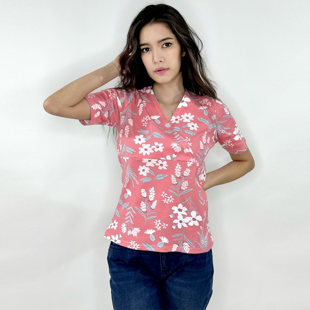 Modern Pink V Neck Print Button Shirt Long Sleeve WW022 main image 0